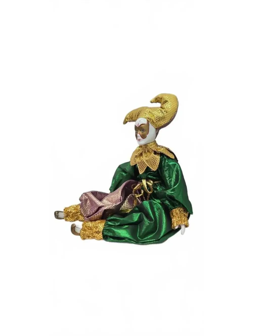 Vintage Harlequin Jester Porcelain Doll with Fabric Costume